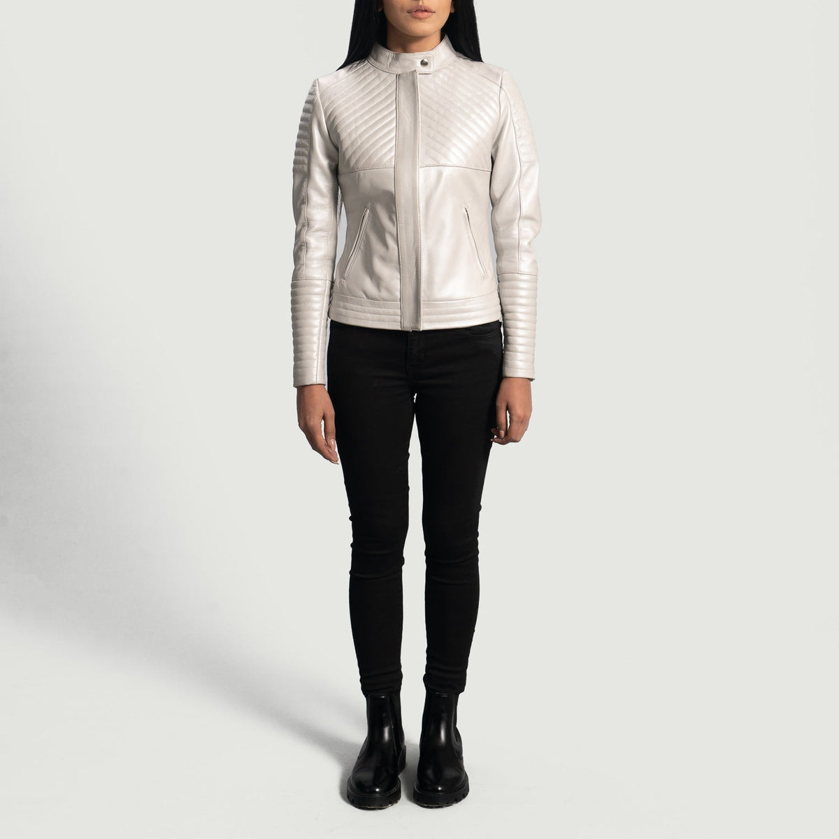 Close-Up Detail of Band with snap button &amp; Zipper Hardware on Women's Ice Maiden Silver Quilted Leather Biker Jacket
