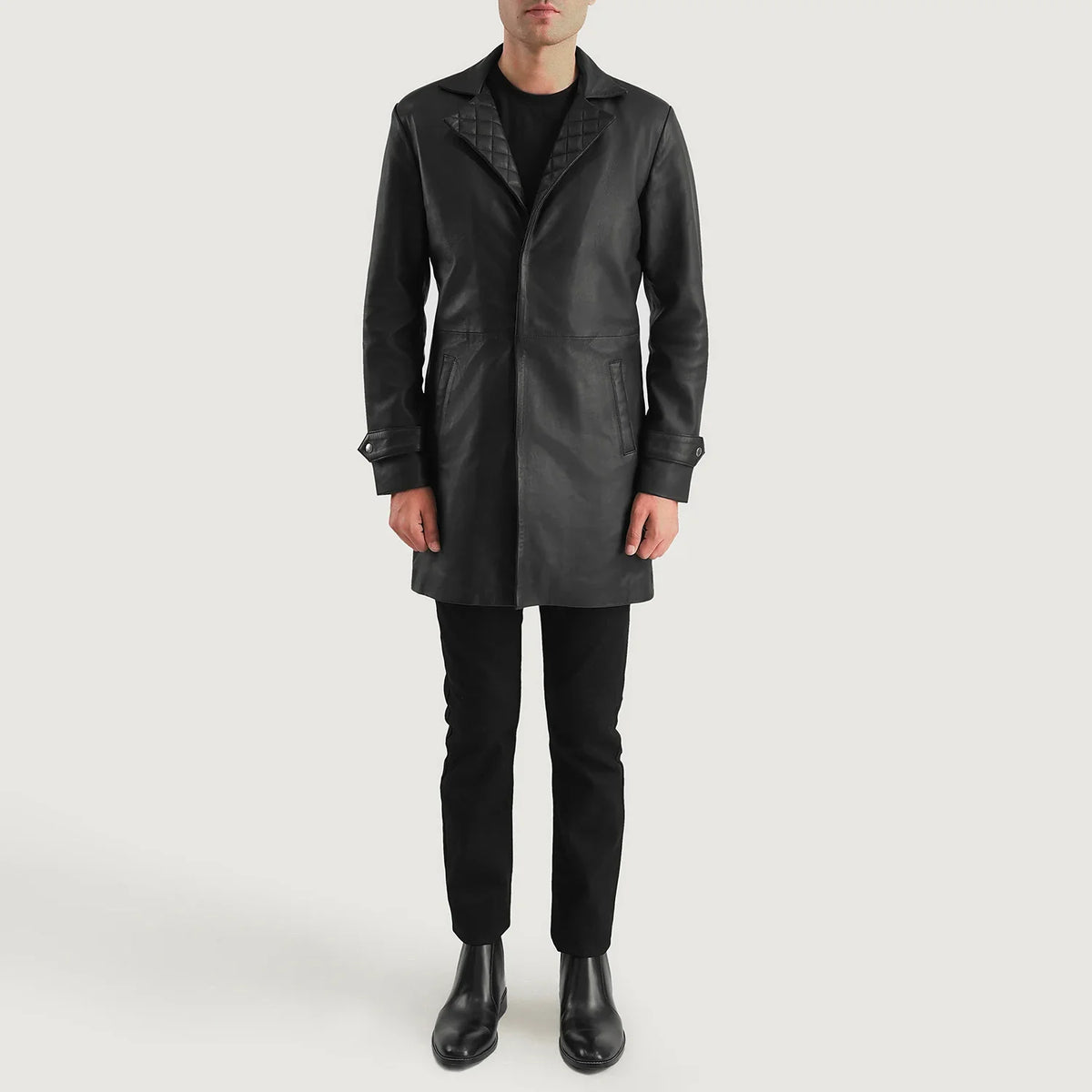 Infinity Black Leather Coat - Lateral Side Profile View Showing Sleeve Cut &amp; Athletic Taper Fit