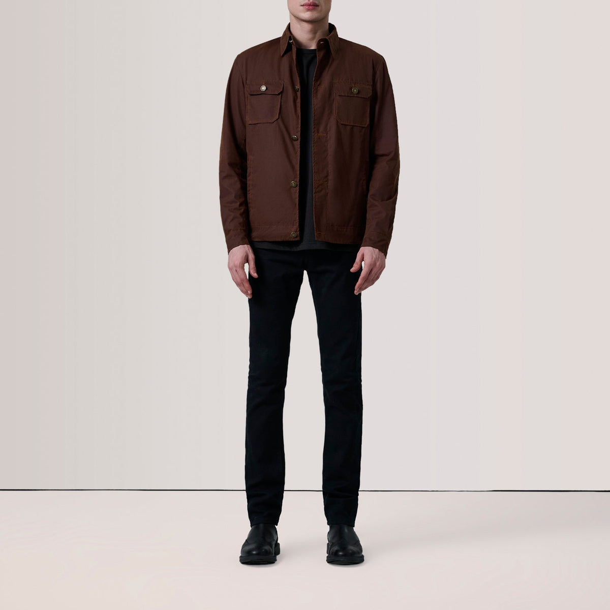 Brown Waxed Cotton Canvas Leather Jacket - Back View Showing Tailored Shoulder Fit &amp; Clean Hemline
