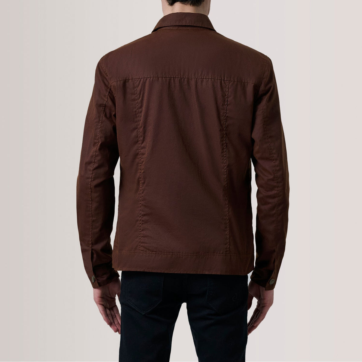 Close-Up Detail of Classic Collar &amp; Button Hardware on Irwin Brown Waxed Canvas Field Jacket For Men