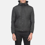 
Close-Up Detail of High Neck with Hood & Zipper with wind flap Hardware on Men's Jimmy Black Hooded Windbreaker Jacket