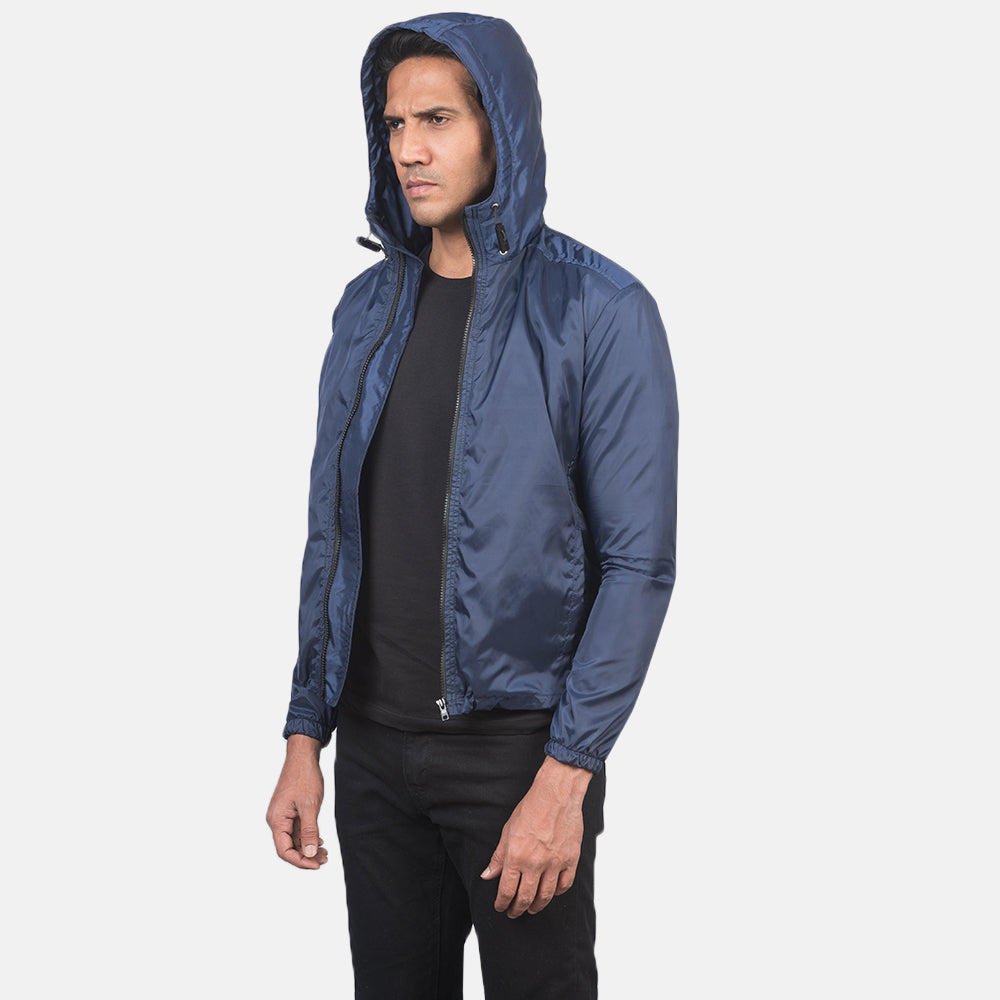 Close-Up Detail of High Neck with Hood & Zipper with wind flap Hardware on Men's Jimmy Blue Hooded Windbreaker Jacket