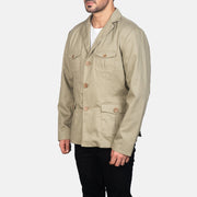 Beige Poly-Cotton Leather Blazer - Back View Showing Tailored Shoulder Fit &amp; Clean Hemline