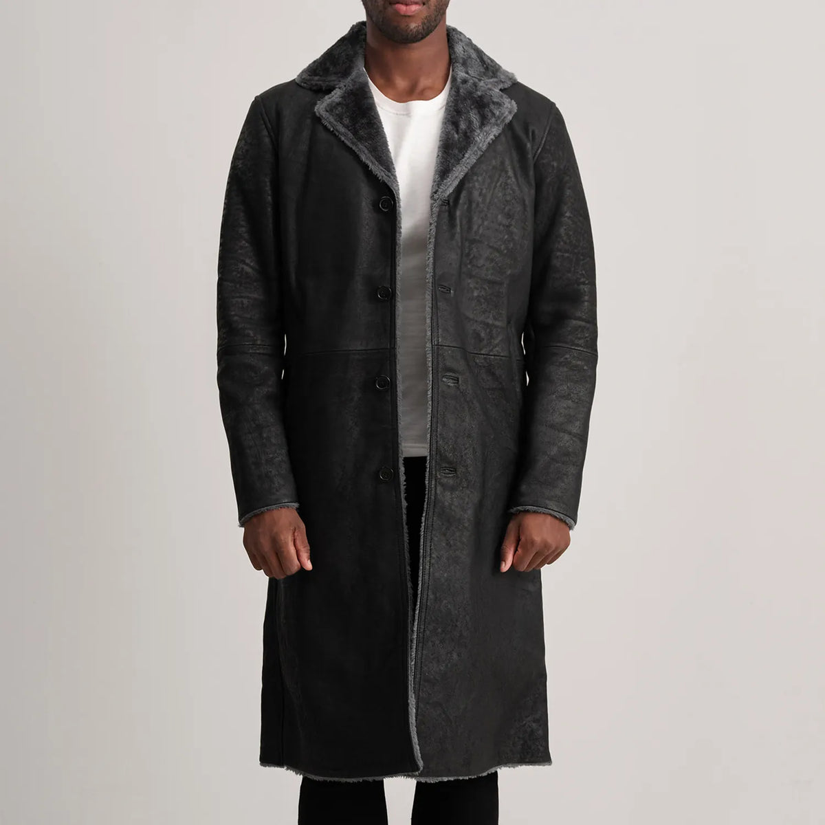 
Kolby Distressed Black Shearling Long Coat in Distressed Black Sheepskin Snuffed - Front Profile View & Tailored Silhouette | Buy Online