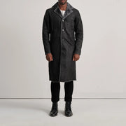 
Kolby Distressed Black Shearling Long Coat - Lateral Side Profile View Showing Sleeve Cut & Athletic Taper Fit