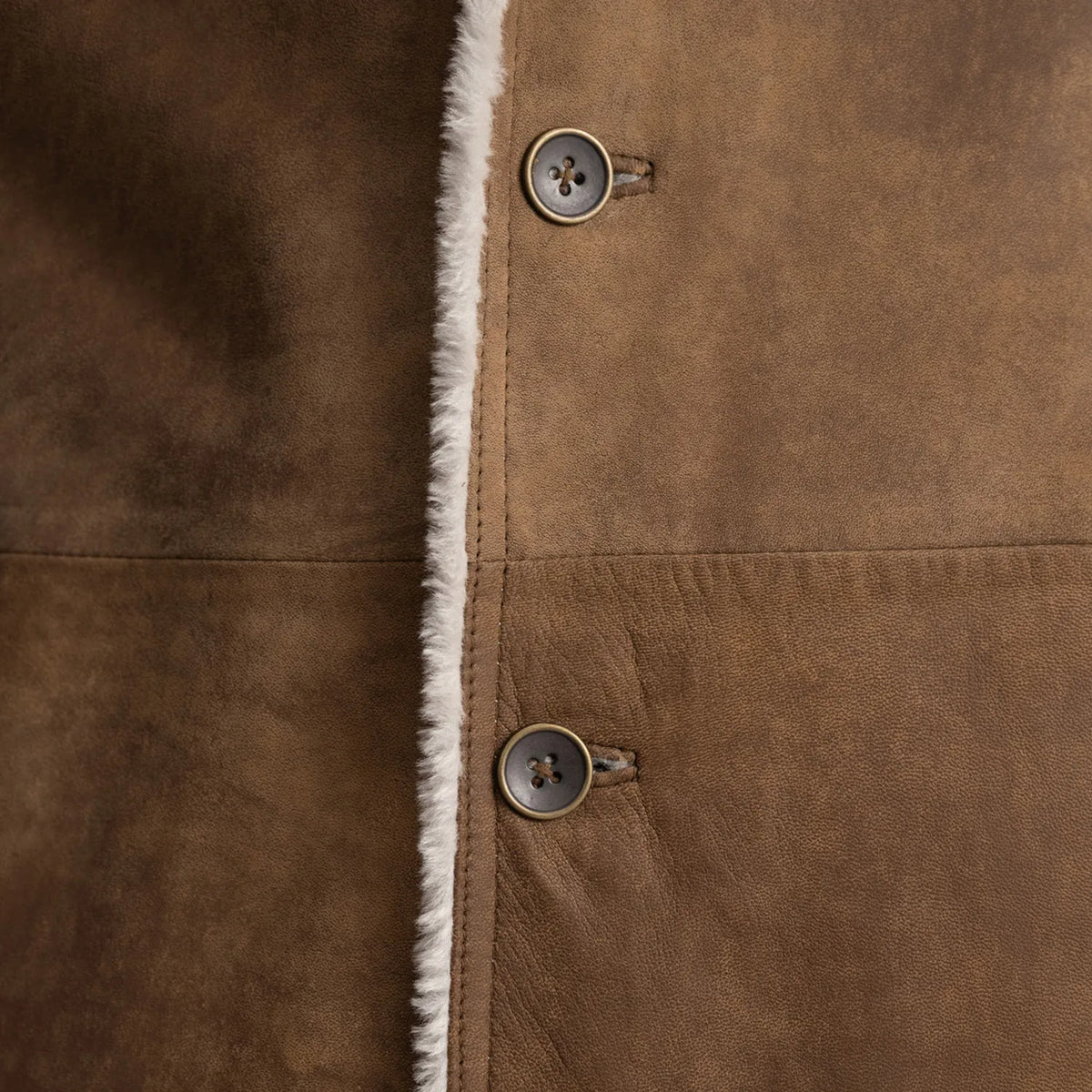 
Close-Up Detail of Notch & Button Hardware on Kolby Distressed Brown Shearling Long Coat