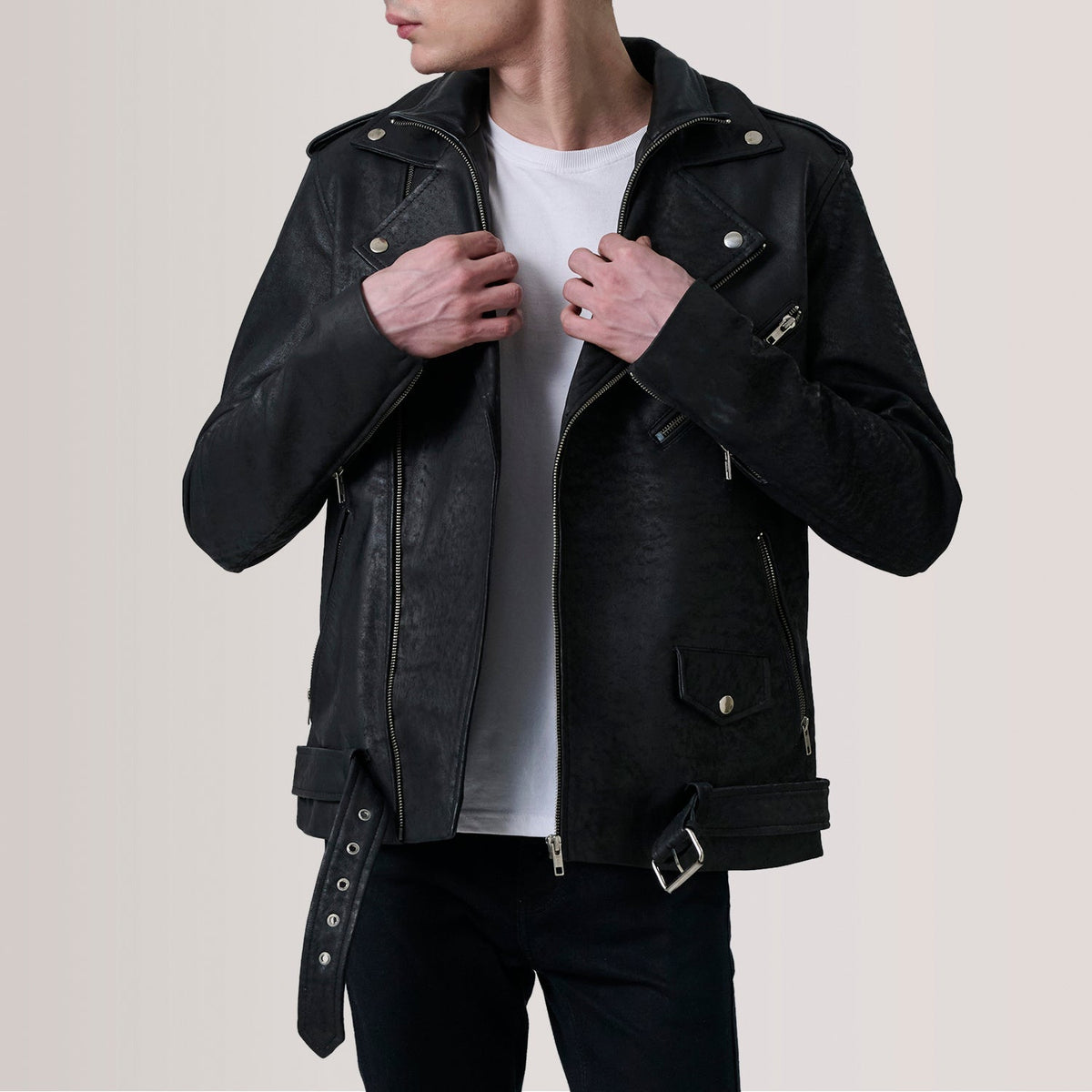 
Kole Distressed Black Leather Double Rider Jacket in Distressed Black Sheepskin Snuffed - Front Profile View & Tailored Silhouette | Buy Online