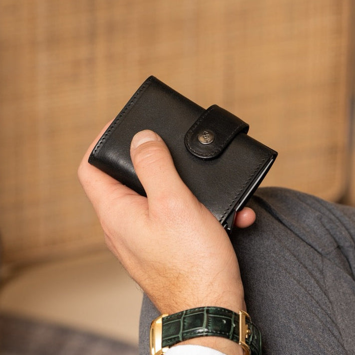 
Classic 100% Full-Grain Leather Card Holder - Rear Perspective Showing Reinforced Leather Straps & Stitching