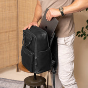 Solid Antique Brass Hardware &amp; Heavy-Duty Dual Zipper Detail on Calden Full-Grain Leather Laptop Backpack