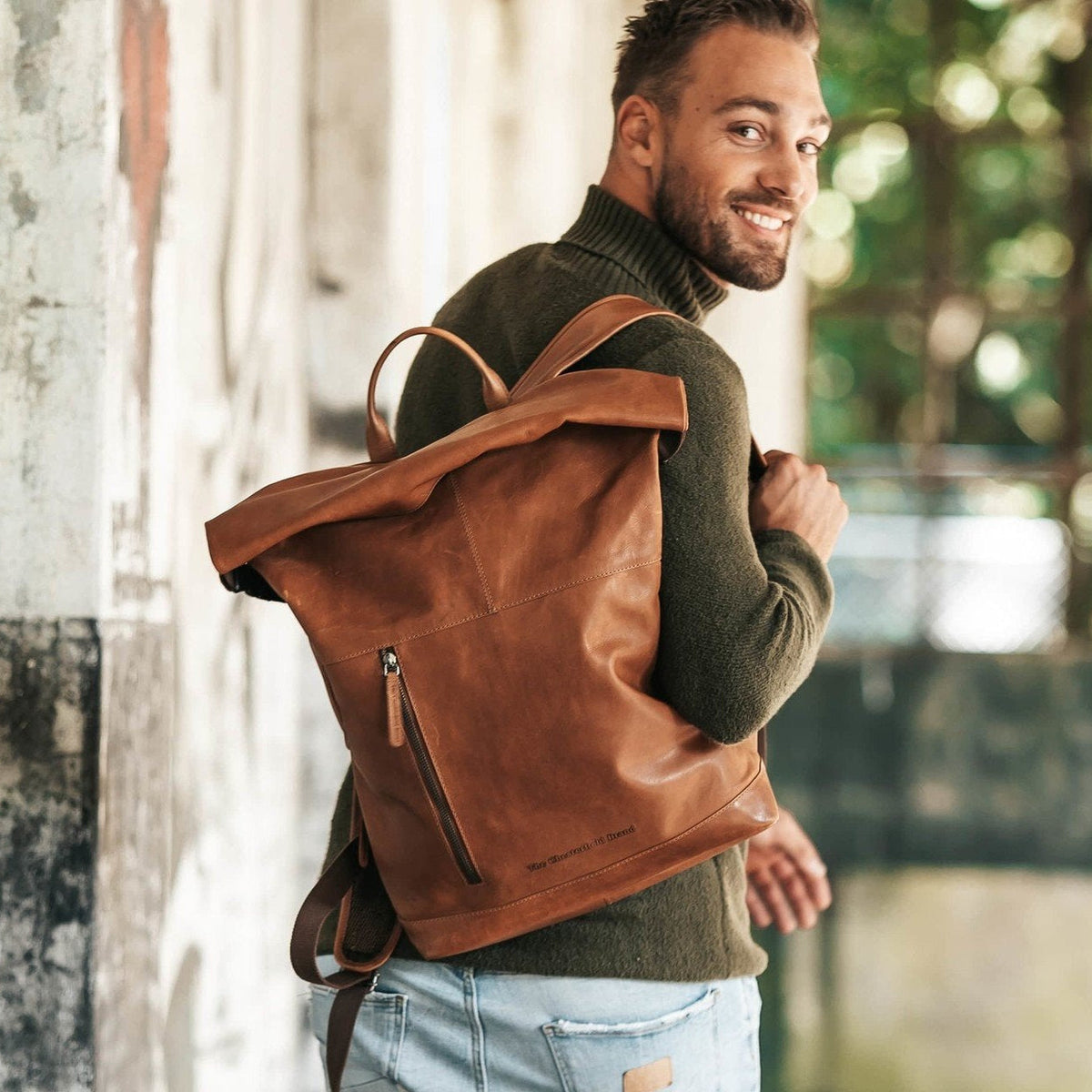 Liverpool Full-Grain Leather Roll-top Backpack – alternate product view 2