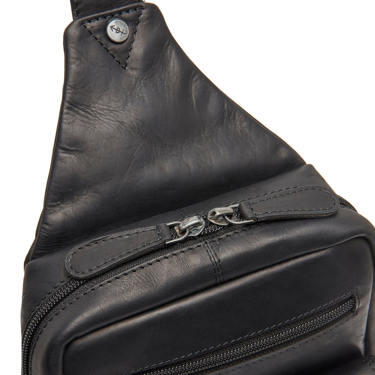 Solid Antique Brass Hardware &amp; Heavy-Duty Dual Zipper Detail on Leather Sling Bag Turelle