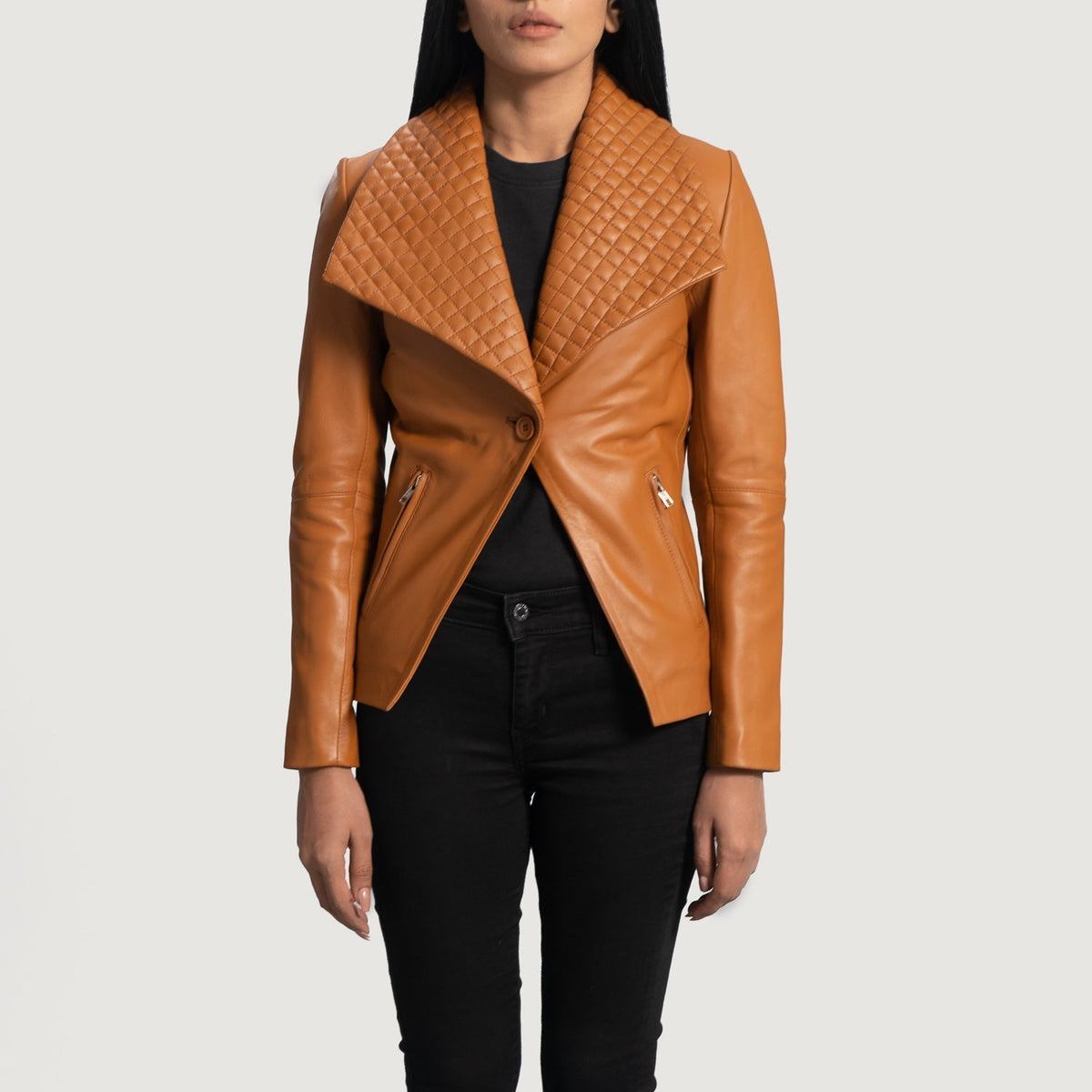 Women's Lee Tan Brown Leather Blazer in Tan Brown Sheepskin Leather - Front Profile View &amp; Tailored Silhouette | Buy Online