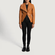 Close-Up Detail of Notch &amp; Button Hardware on Women's Lee Tan Brown Leather Blazer