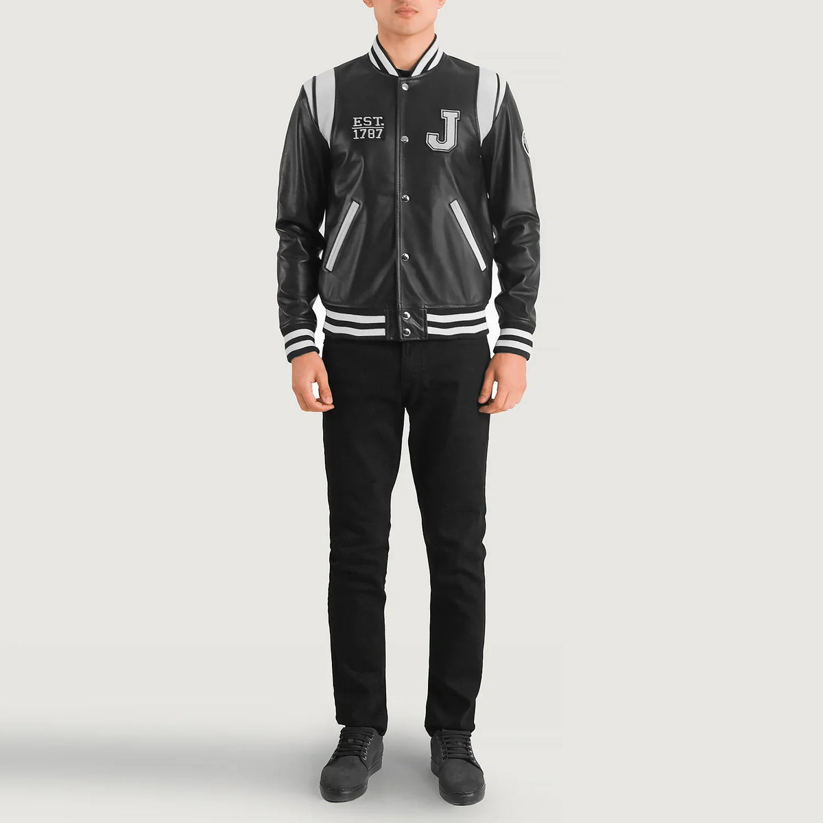 
Liberte New Jersey Black Leather Varsity Jacket - Lateral Side Profile View Showing Sleeve Cut & Athletic Taper Fit