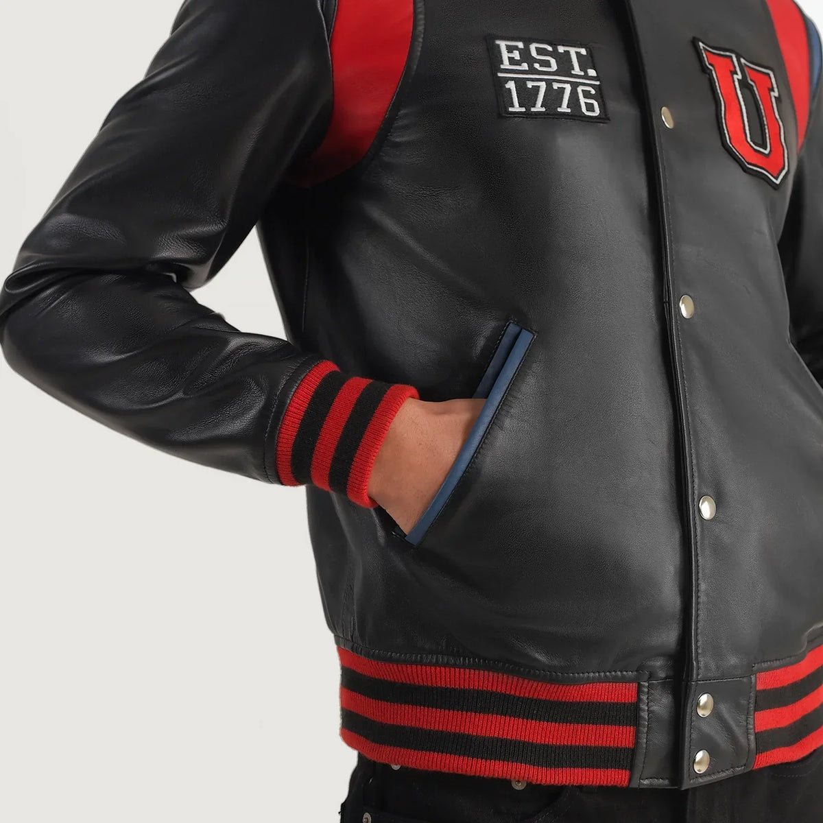 Close-Up Detail of Varsity &amp; Snap Button Hardware on Liberte USA Black Leather Varsity Jacket
