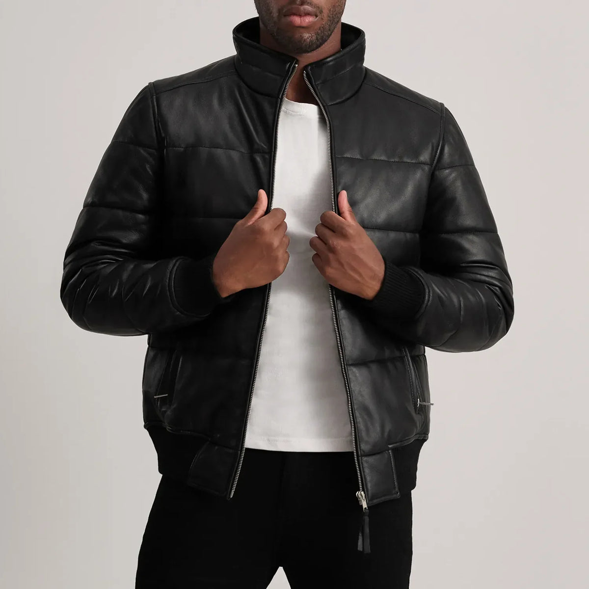 
Lucas Blue Leather Puffer Bomber Jacket in Blue Sheepskin Leather - Front Profile View & Tailored Silhouette | Buy Online