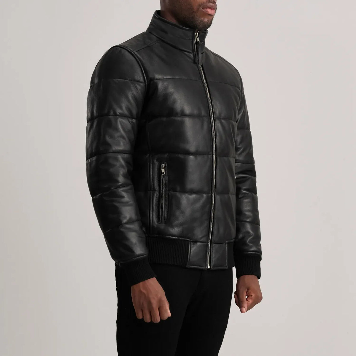 
Blue Sheepskin Leather Bomber Jacket - Back View Showing Tailored Shoulder Fit & Clean Hemline