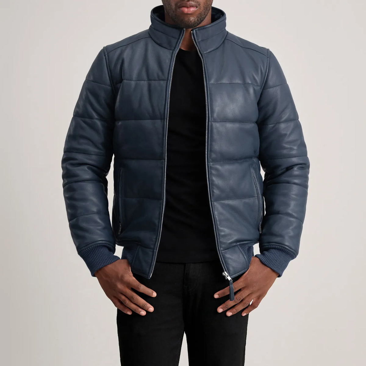 
Tailored Rib Cuffs & Hem Craftsmanship Construction Detail on Lucas Blue Leather Puffer Bomber Jacket