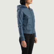 Blue Sheepskin Leather Bomber Jacket - Back View Showing Tailored Shoulder Fit &amp; Clean Hemline