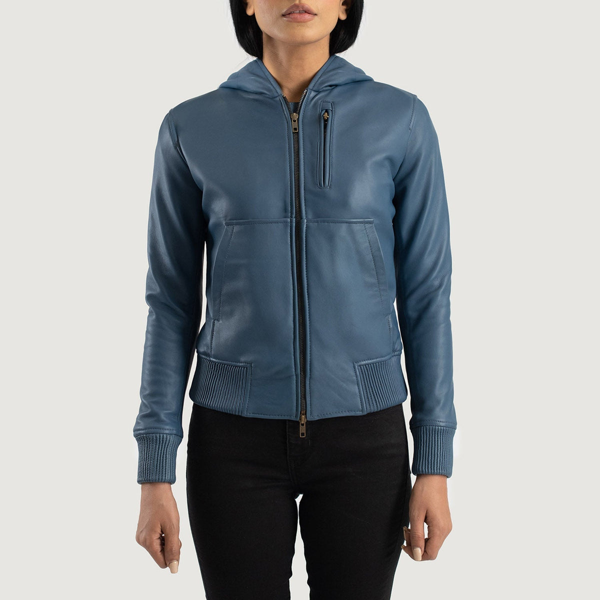 Close-Up Detail of Hooded &amp; Zipper Hardware on Women's Luna Blue Hooded Leather Bomber Jacket