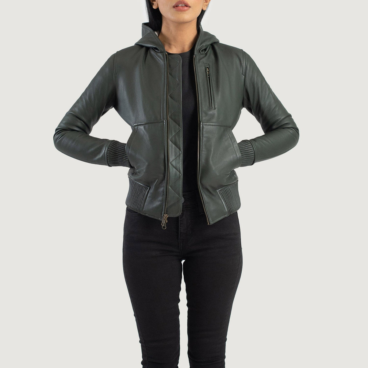 Tailored Rib Cuffs &amp; Hem Craftsmanship Construction Detail on Women's Luna Blue Hooded Leather Bomber Jacket