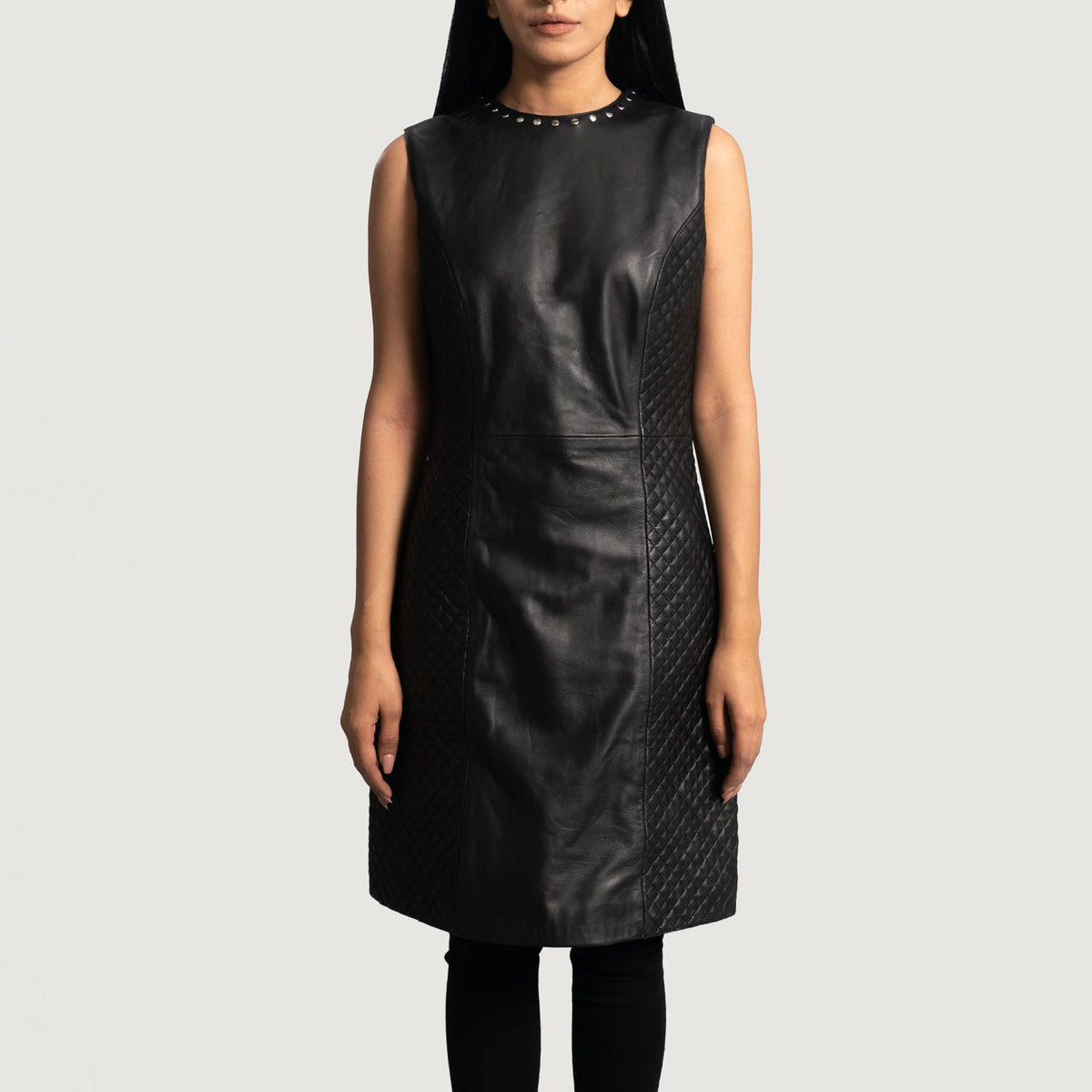 Women's Luxe Black Leather Dress in Black Sheepskin Leather - Front Profile View &amp; Tailored Silhouette | Buy Online