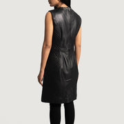 Women's Luxe Black Leather Dress - Lateral Side Profile View Showing Sleeve Cut &amp; Athletic Taper Fit