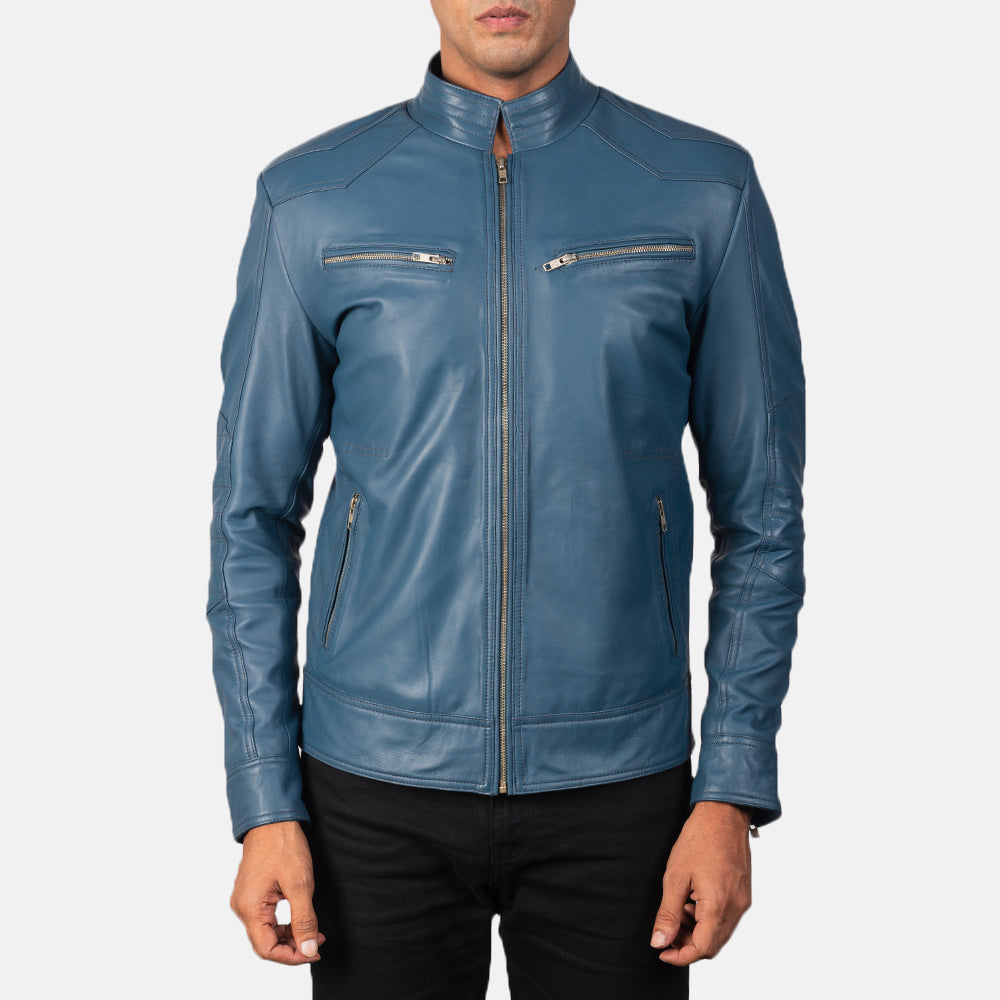 Close-Up Detail of Band &amp; Zipper Hardware on Mack Blue Leather Biker Jacket