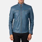 Close-Up Detail of Band &amp; Zipper Hardware on Mack Blue Leather Biker Jacket