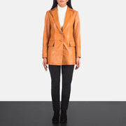 
Women's Marilyn Tan Brown Leather Blazer - Lateral Side Profile View Showing Sleeve Cut & Athletic Taper Fit