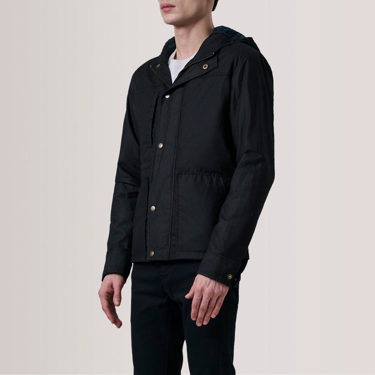 
Marlo Black Canvas Hooded Work Jacket For Men - Lateral Side Profile View Showing Sleeve Cut & Athletic Taper Fit