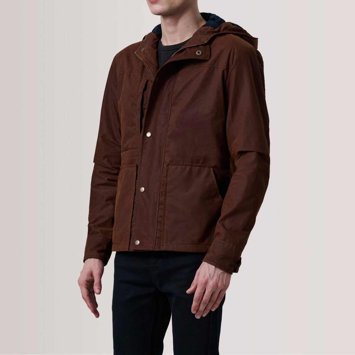 Marlo Brown Canvas Hooded Work Jacket For Men - Lateral Side Profile View Showing Sleeve Cut &amp; Athletic Taper Fit