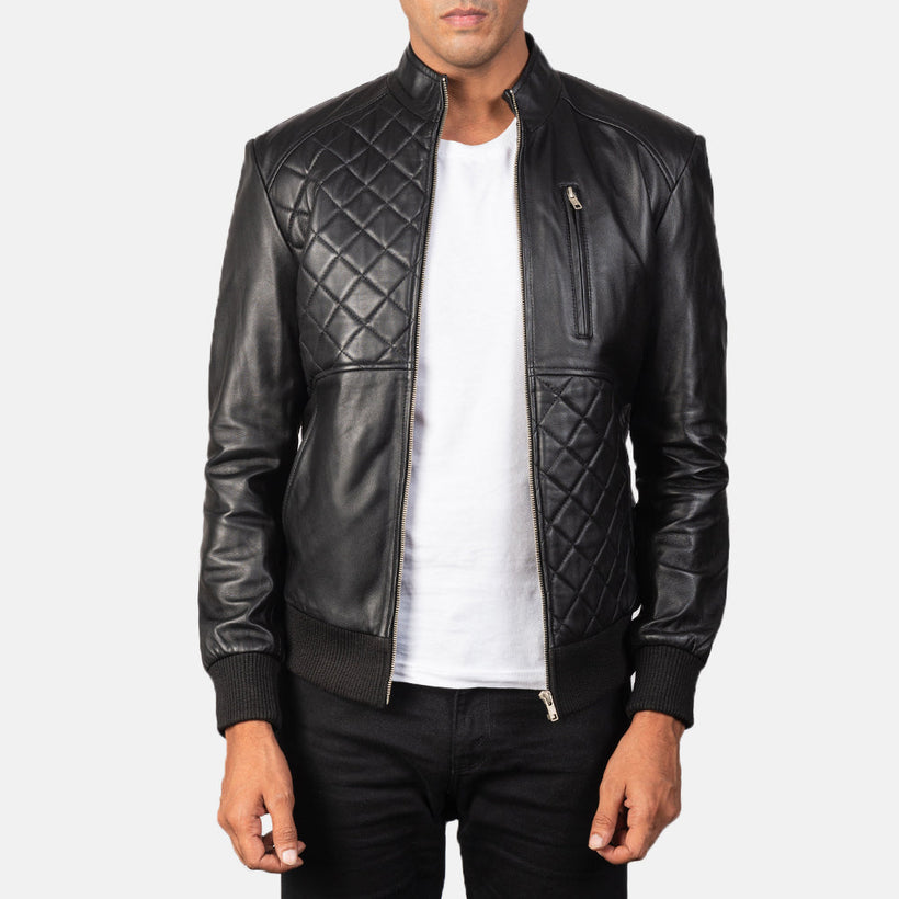 Moda Black Leather Bomber Jacket in Black Sheepskin Leather - Front Profile View & Tailored Silhouette | Buy Online