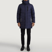 
Moore Blue Hooded Parka - Lateral Side Profile View Showing Sleeve Cut & Athletic Taper Fit