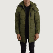 
Moore Green Hooded Parka in Green Full-Grain Leather - Front Profile View & Tailored Silhouette | Buy Online