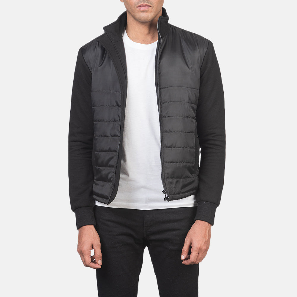 Men's Nashville Quilted Black Windbreaker Jacket in Black Polyester (Torso) &amp;Amp; Knitted Fabric (Sleeves) - Front Profile View &amp; Tailored Silhouette | Buy Online