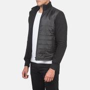 Black Polyester (Torso) &amp;Amp; Knitted Fabric (Sleeves) Winter Jacket - Back View Showing Tailored Shoulder Fit &amp; Clean Hemline