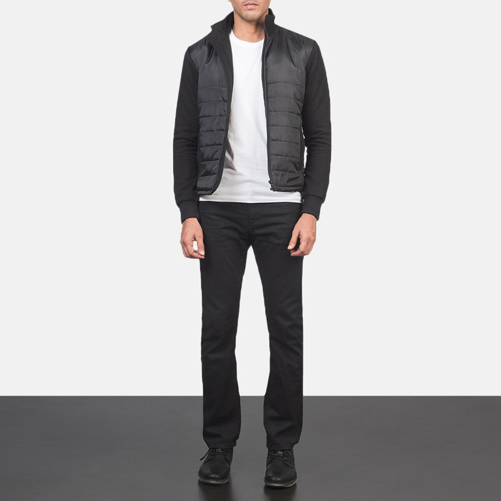 Men's Nashville Quilted Black Windbreaker Jacket - Lateral Side Profile View Showing Sleeve Cut &amp; Athletic Taper Fit