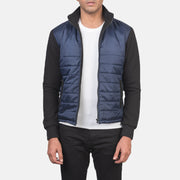 Men's Nashville Quilted Blue Windbreaker Jacket in Blue &amp; Black Nylon (Torso) &amp;Amp; Knitted Fabric (Sleeves) - Front Profile View &amp; Tailored Silhouette | Buy Online