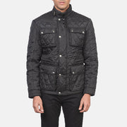 Close-Up Detail of Belted Band &amp; Zipper with Front Button Flap Hardware on Men's Nelson Quilted Black Windbreaker Jacket