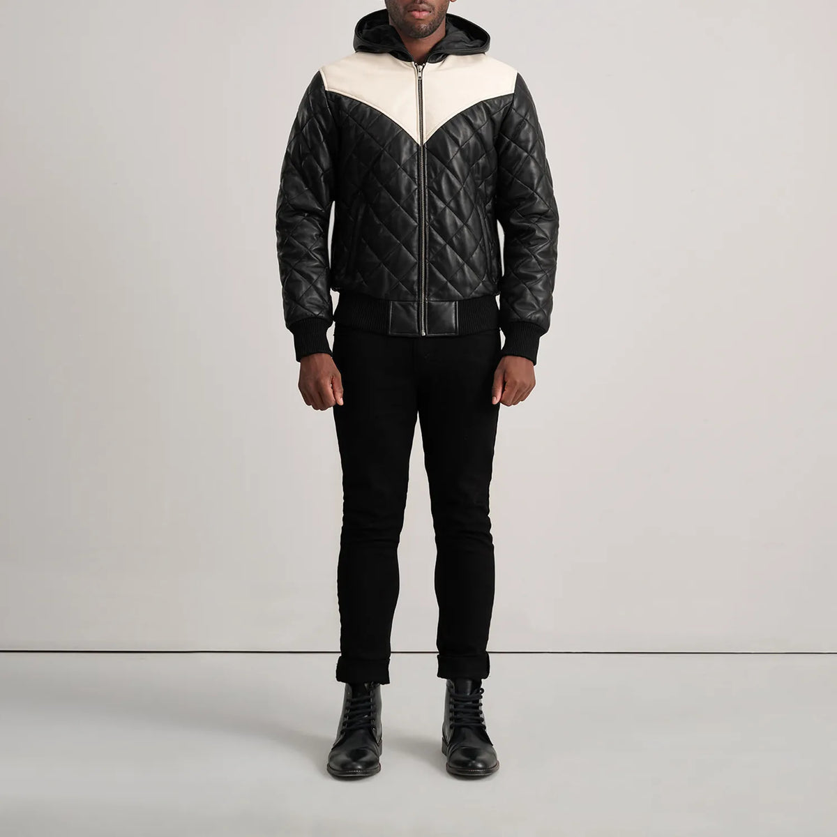 
Norman Tan Hooded Bomber Leather Puffer Jacket - Lateral Side Profile View Showing Sleeve Cut & Athletic Taper Fit
