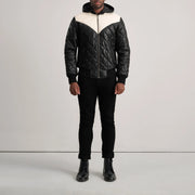 
Norman Tan Hooded Bomber Leather Puffer Jacket - Lateral Side Profile View Showing Sleeve Cut & Athletic Taper Fit