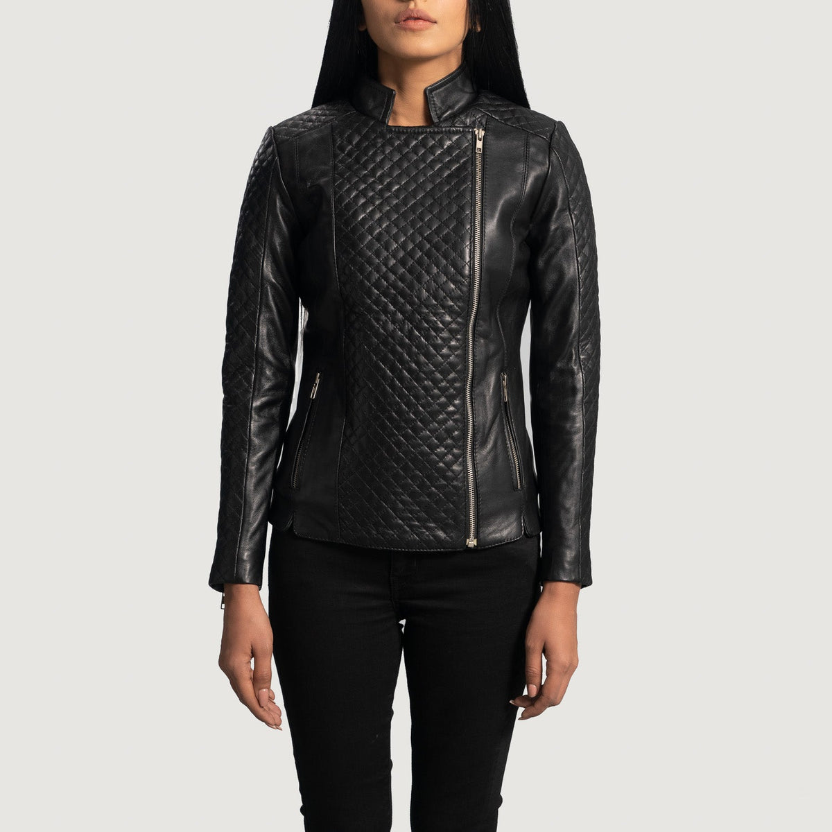 Women's Orient Grain Quilted Black Leather Biker Jacket in Black Sheepskin Leather - Front Profile View &amp; Tailored Silhouette | Buy Online