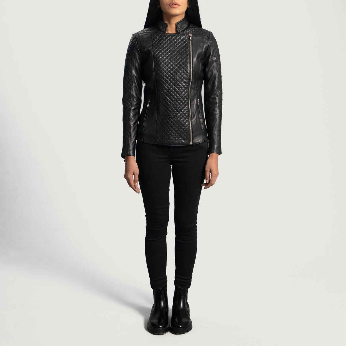 Close-Up Detail of Band &amp; Zipper Hardware on Women's Orient Grain Quilted Black Leather Biker Jacket