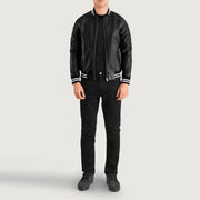 Close-Up Detail of Varsity collar &amp; Zipper Hardware on Pascal Black Leather Varsity Jacket