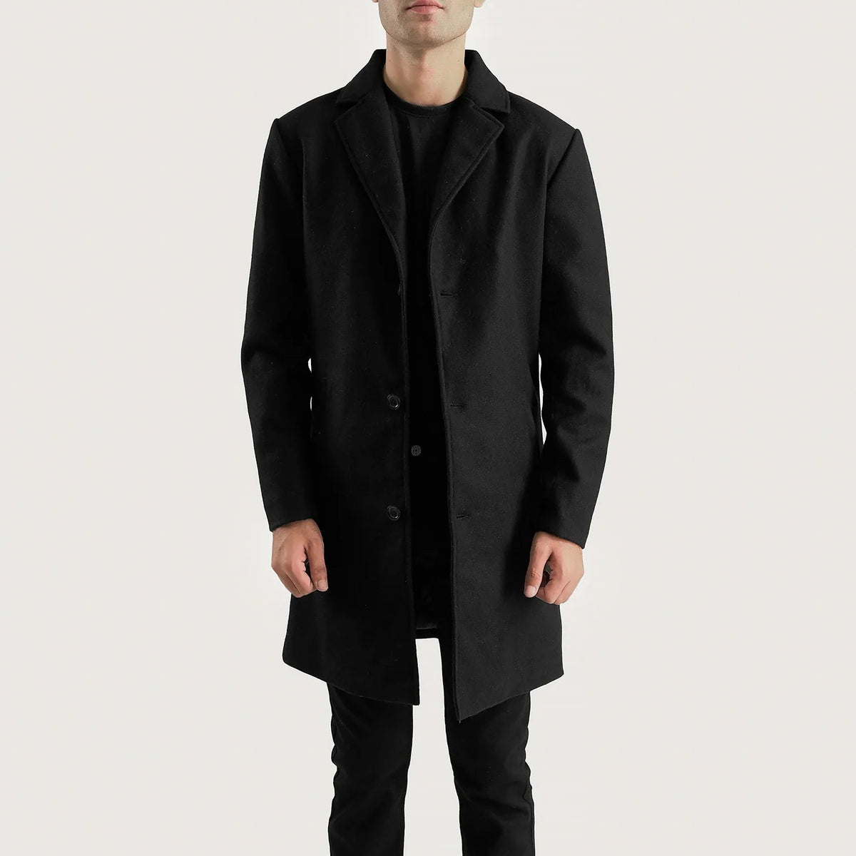 Petrillo Black Wool Single Breasted Coat in Black Synthetic Wool - Front Profile View &amp; Tailored Silhouette | Buy Online
