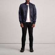 
Close-Up Detail of Varsity & Zipper Hardware on Quinton MA-1 Blue Bomber Jacket