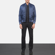 
Men's Ramon Blue Bomber Jacket - Lateral Side Profile View Showing Sleeve Cut & Athletic Taper Fit
