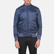 
Close-Up Detail of Band & Zipper with wind flap Hardware on Men's Ramon Blue Bomber Jacket