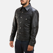 
Men's Ranchson Black Leather Shirt - Lateral Side Profile View Showing Sleeve Cut & Athletic Taper Fit